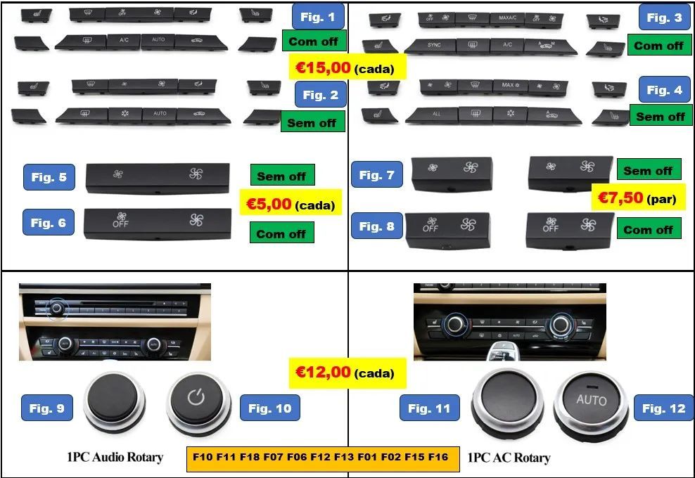 Botões Ar-condicionado Áudio e outros BMW série 5, 6, 7, X5, X6