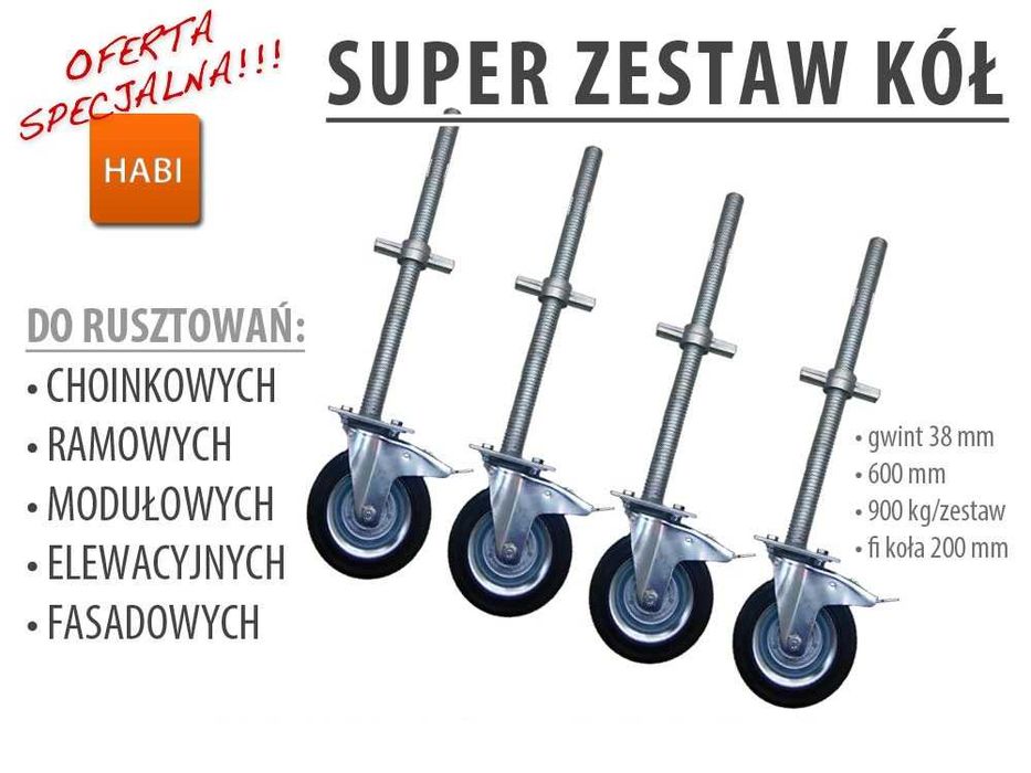 Koła do rusztowań choinkowych RUSZTOWANIE RUSZTOWANIA choinkowe, plettac gwint 38 mm, koło fi 200 zestaw 4 szt.