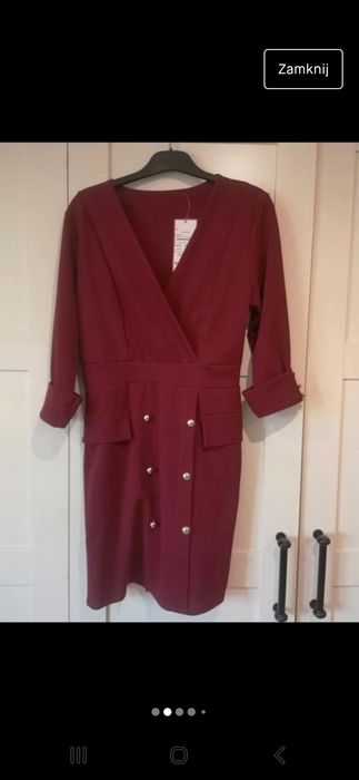 Bordowa sukienka złote akcenty piękna 36 34 xs s nowa