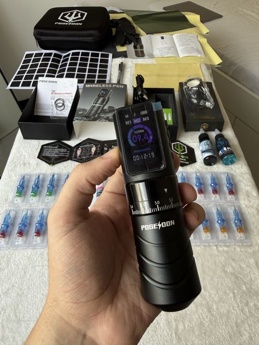 Kit Tatuagem Profissional COMPLETO | Máquina Pen Sem fios, Pele Treino, Instruções, Stroke Regulável