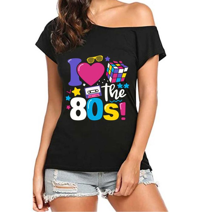 Koszulka przebranie lata 80 czarna bluzka disco z nadrukiem retro