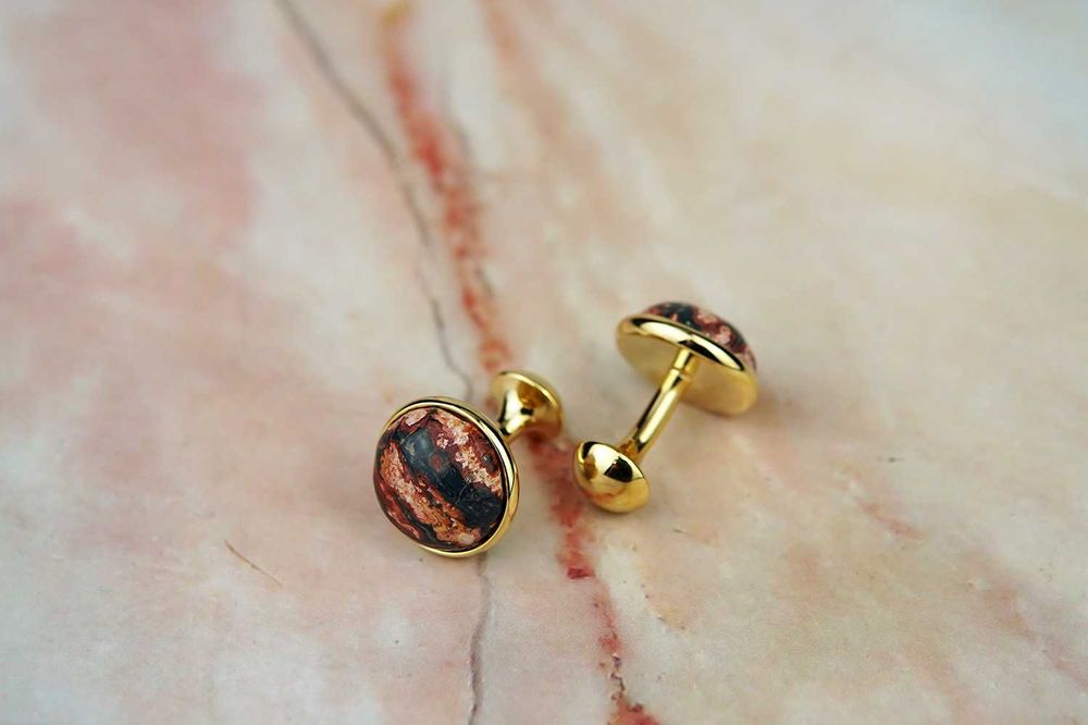 NOWE złote spinki koszulowe do mankietów jaspis kamień czerwone boho