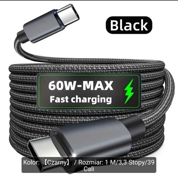Mocny Kabel USB C do Type C 60W do szybkiego ładowania, kompatybilny z Macbook Pro, Air oraz iPhone 15 Pro Max, a także urządzeniami mobilnymi Samsung