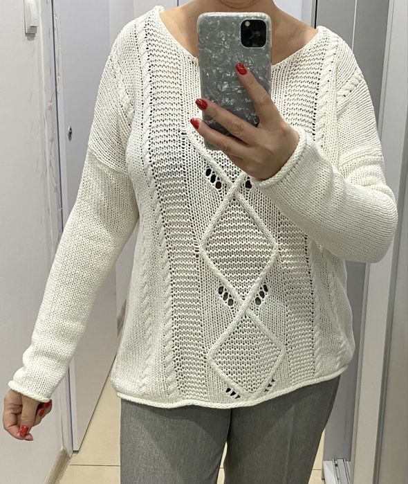 Kremowy sweter złamana biel splot warkocz xl-xxl
