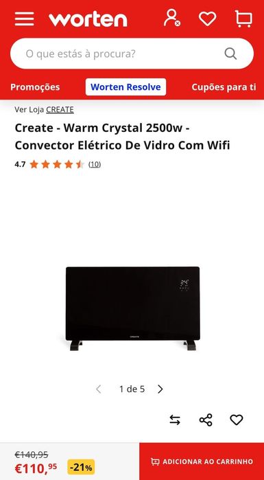 Aquecedor CREATE 2500W WiFi em vidro – Como novo