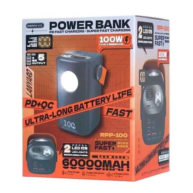 Повербанк для ноутбука Remax RPP-100 60000 mAh 100W 3USB/2Type-C Портативний акумулятор Power Bank зі швидкою зарядкою PD100W+QC22.5W та ліхтариком