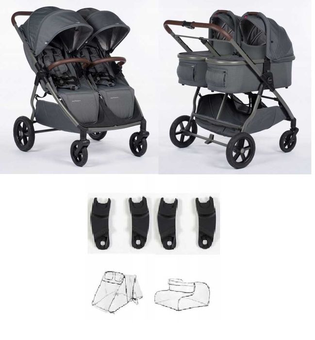 MEGA ZESTAW wózek bliźniaczy MAST M.TWIN X Volcanic Ash adaptery,folia