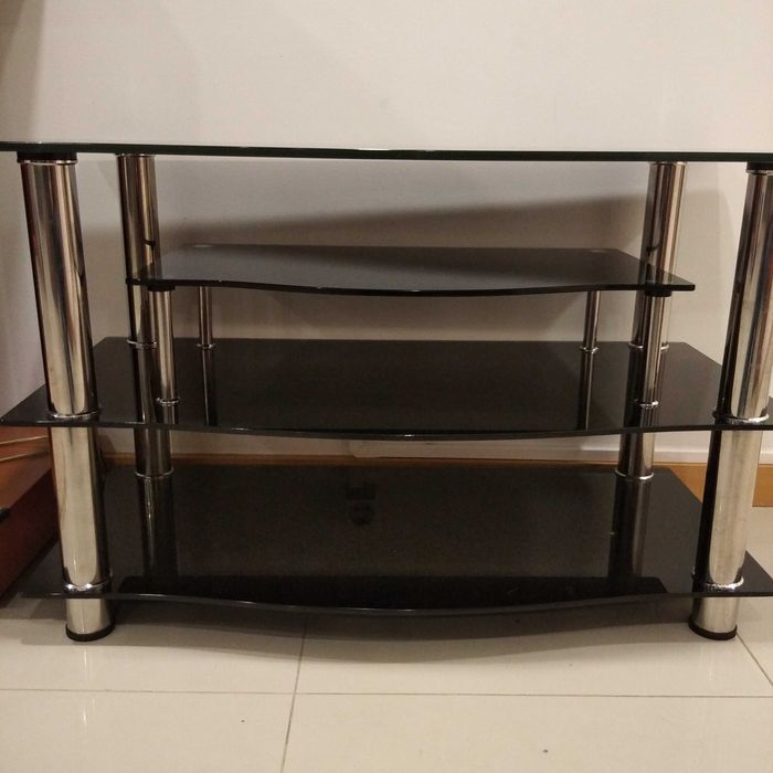 Mesa TV vidro temperado 4 prateleiras como nova preta