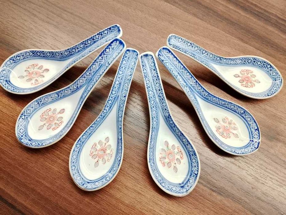Porcelanowe łyżki chińskie do zupy ramen miso - komplet 6 sztuk.
