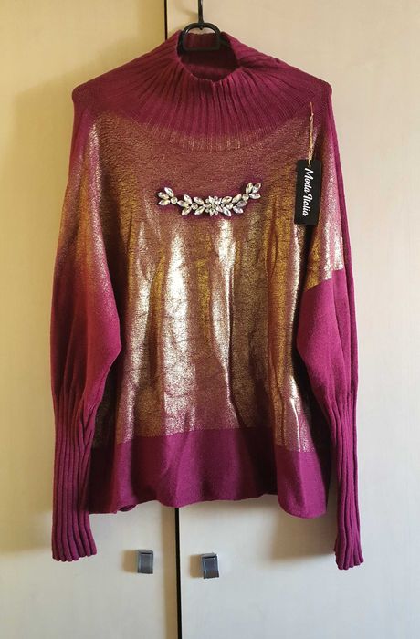 Sweter bordowy bordo oversize złoty z przodu