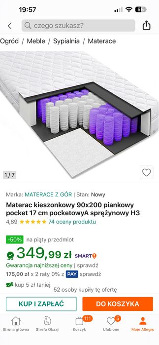 Materac 90x200 wys. 17 cm