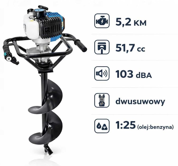 ŚWIDER SPALINOWY WIERTNICA Glebowa Ziemi Gleby 5,2KM Mocna+3 Wiertła+Olej