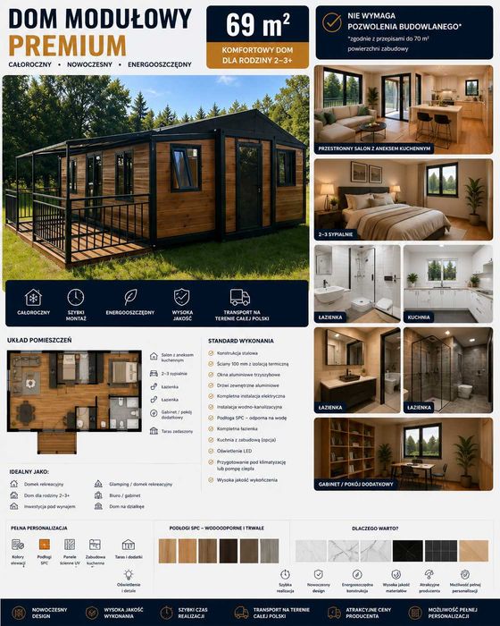 Dom Modułowy 70 mkw 2-3 Sypialnie Premium Producent