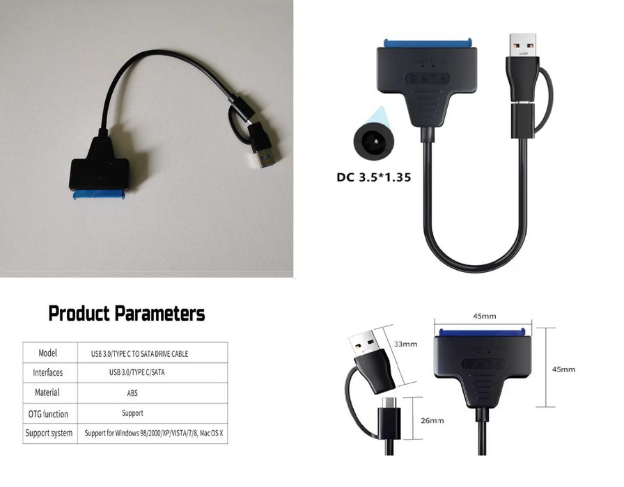 Адаптер usb3.0-sata  Type C-sata  usb2.0-sata SSD  2.5'' 3.5'' HDD
