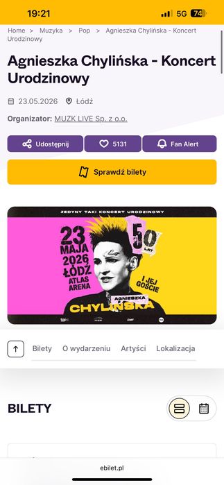 Odsprzedam 2 bilety na koncert Agnieszki Chylińskiej