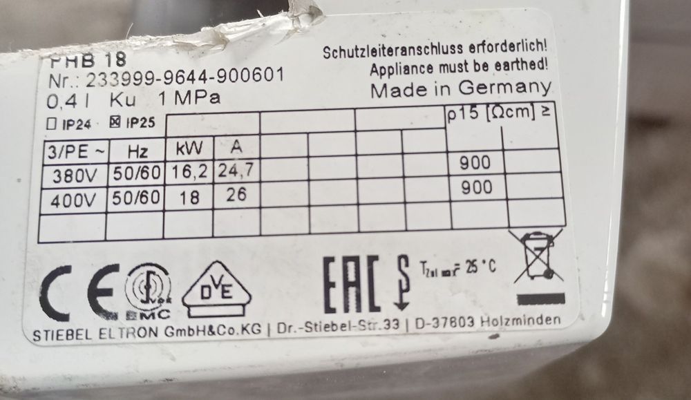 Przepływowy podgrzewacz wody 18 kW 400 V