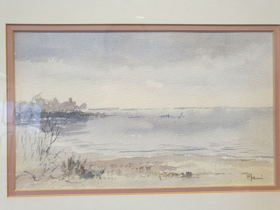 Aguarela - paisagem fluvial - assinada e emoldurada