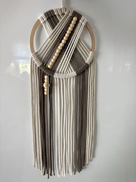 Makrama na drewnianej obręczy,  handmade, łapacz snów, dekoracja w stylu boho