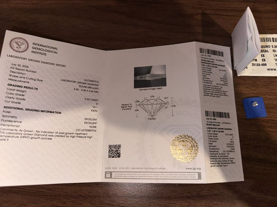 Лабораторный бриллиант HPHT 0.30 ct D VS1 IGI сертификат