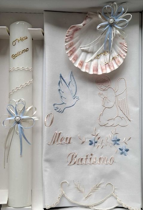 conjunto para batismo / batizado: vela, concha, toalha
