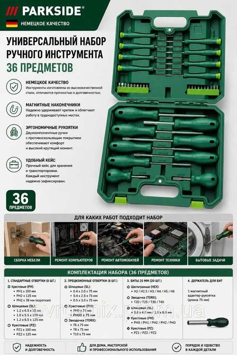 Набір викруток і біт PARKSIDE (36 предметів) у кейсі — Оригінал Австрія