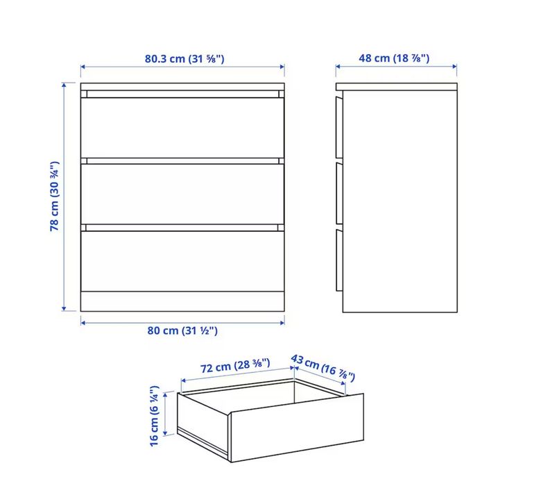 Cómoda c/3 gavetas, branco, 80x78 cm