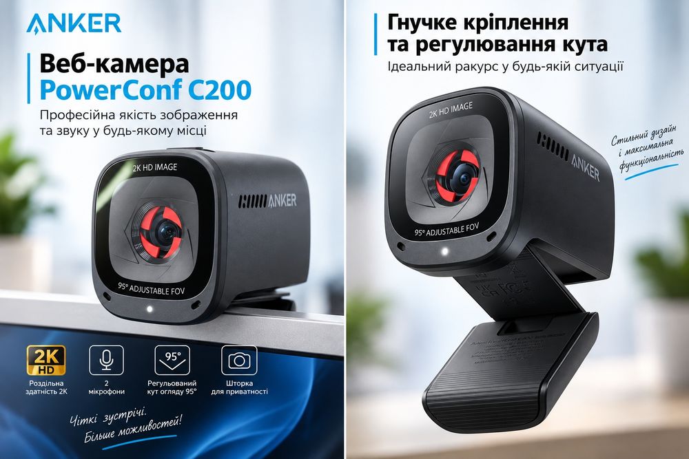 Anker PowerConf C200 веб-камера з 2К HD та двома ШІ-мікрофонами. НОВА!