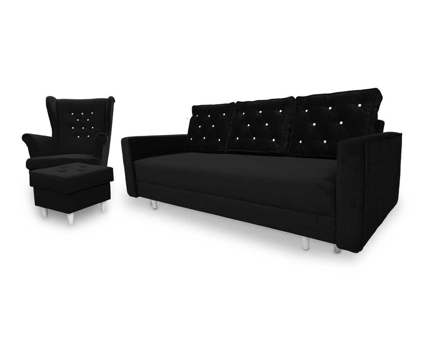 Nowoczesna sofa i fotel uszak z podnóżkiem