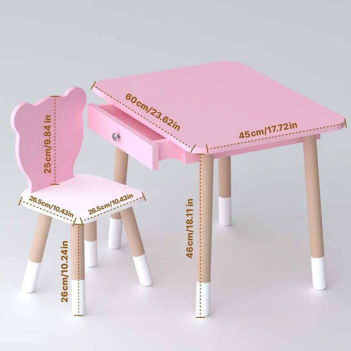 Стіл прямокутний з шухлядою 46х60х45 і стілець медвежа 26.5х26х25см.