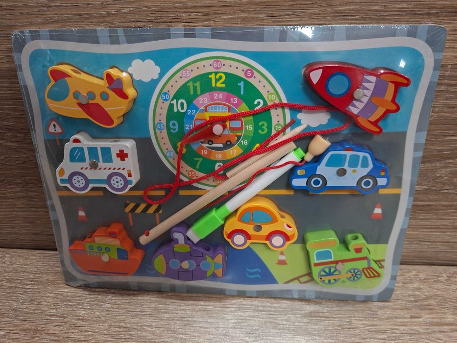 Nowa drewniana układanka ,tablica edukacyjna, 5w1 ,pojazdy na magnes