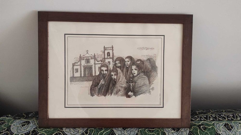 Quadro a carvão com moldura em madeira