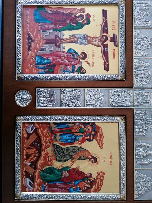 Quadro em madeira com pinturas e relevo em prata 925