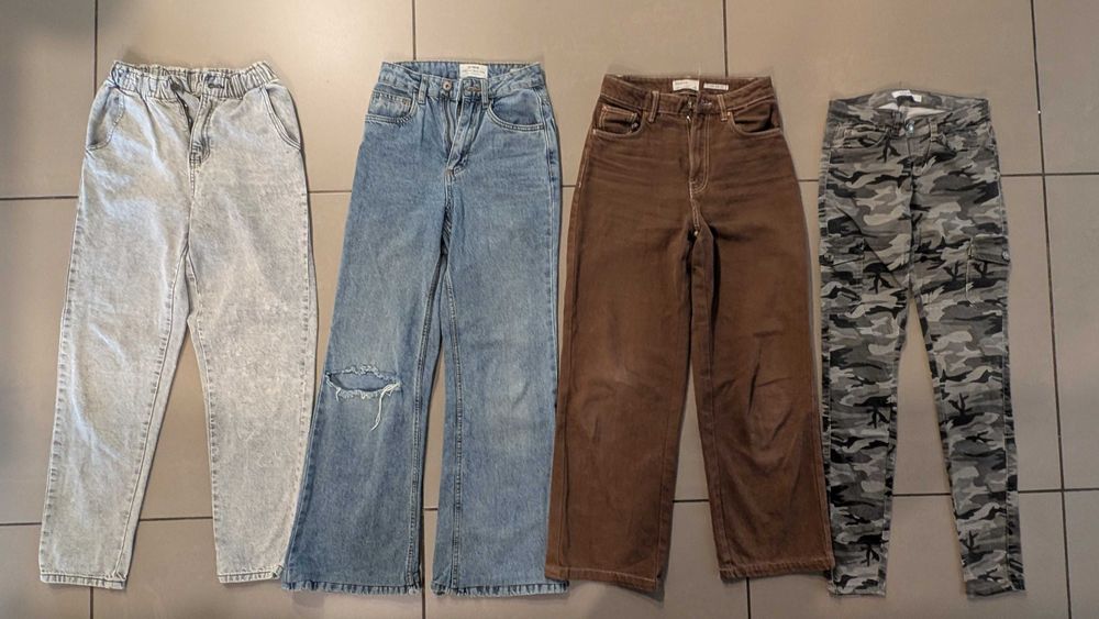 Spodnie 4 pary szerokie nogawki i 2 bluzy r. 34, XS dziewczęce