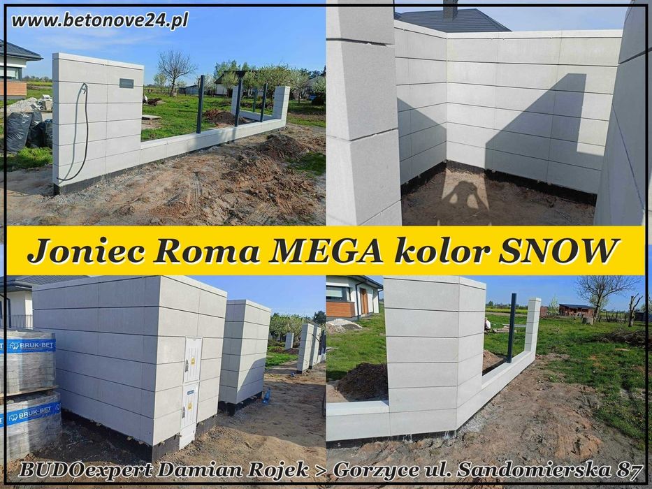 Nowoczesny bloczek XXL na ogrodzenie Joniec Roma MEGA 75 SNOW od ręki