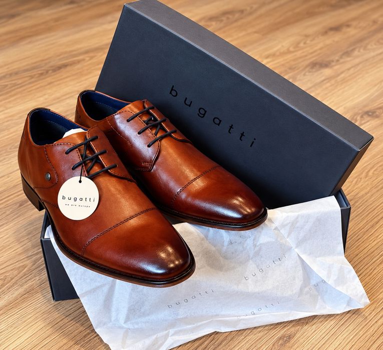 Eleganckie buty męskie pantofle Bugatti 42 – brązowe, wizytowe, nowe