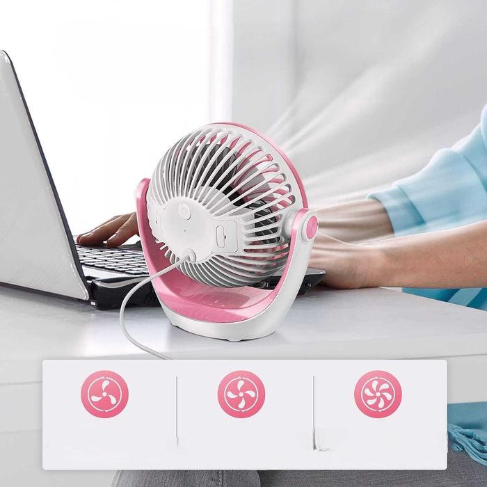 Wentylator biurkowy USB 360°, 3 prędkości, cichy, przenośny, różowy