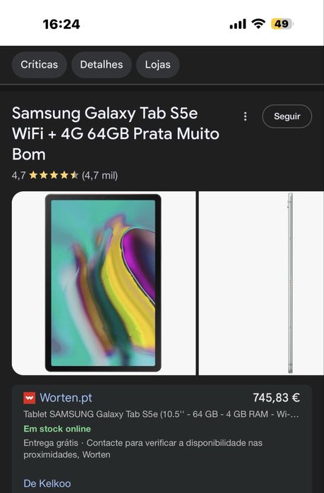 Samsung Tab s5e, wifi+5g, c/nova, capa