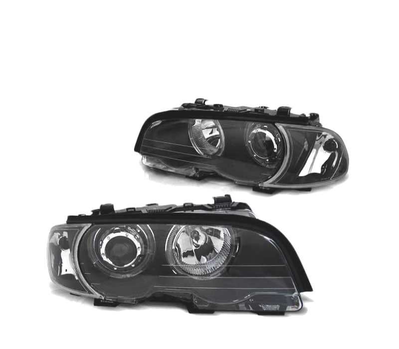 FARÓIS LED ANGEL EYES BMW E46 COUPE CABRIO 99-03 BLACK PRETO