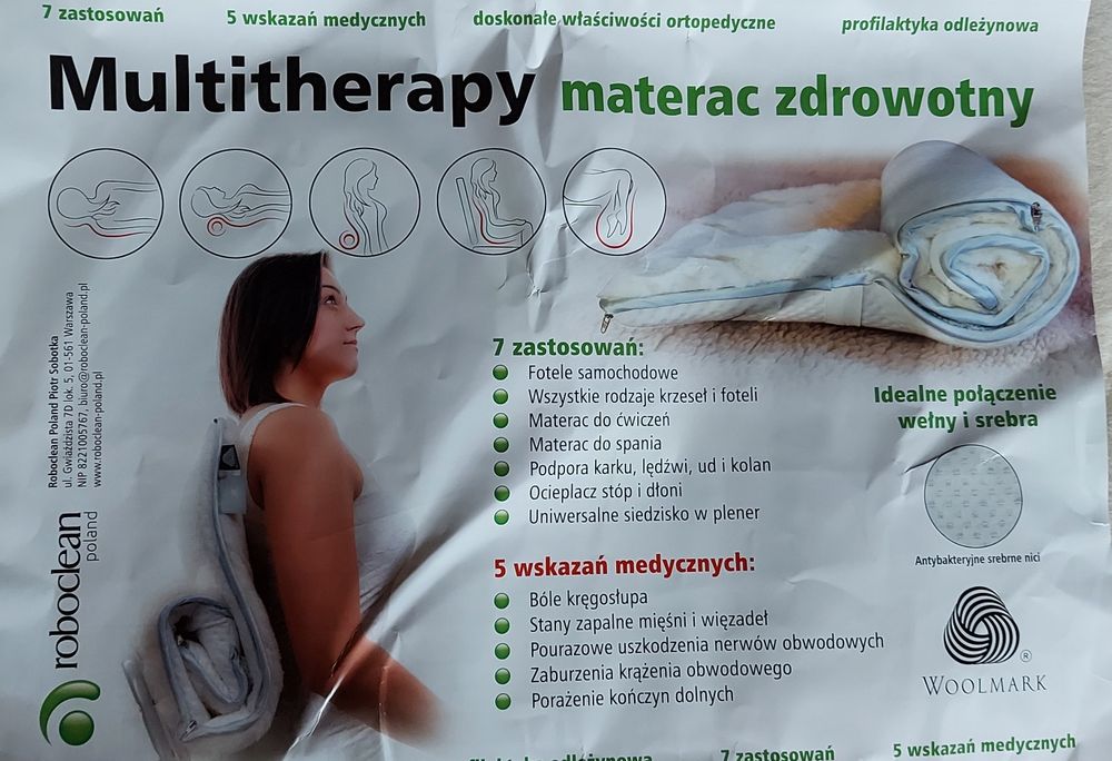 Przecena z 129.. Materac zdrowotny, zdrowie, multitherapy, 100x50, woo