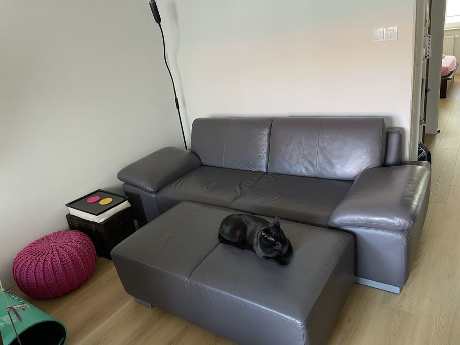 Kanapa skórzana Candy z pufą Szara