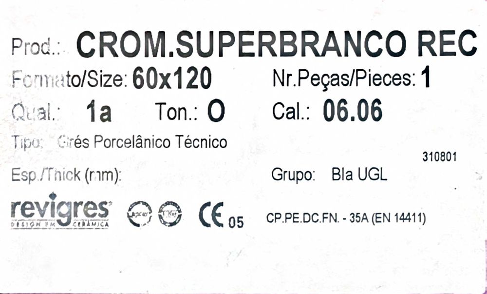 Cerâmica Revigrés Cromática Super Branco 60x120 (Retificado) - Nova