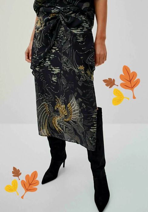 Spódnica Massimo Dutti rozmiar 38, midi, jedwab, czarna we wzory.