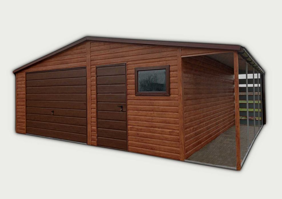 GARAŻ BLASZANY 6x5 + 1,5x5m dwuspad brama uchylna blacha drewnopodobny