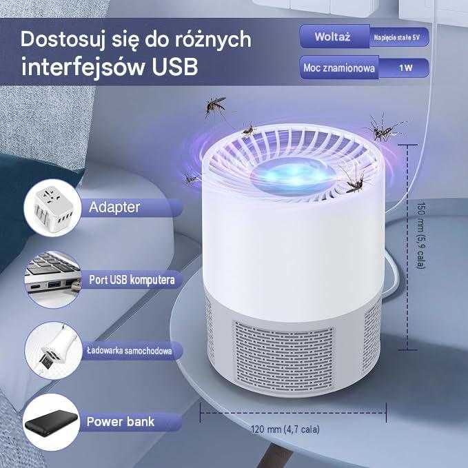 Lampa Owadobójcza UV Pułapka na Komary Muchy Wentylator USB