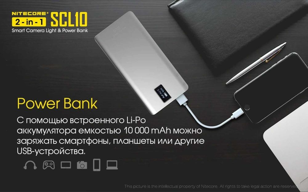 LED-лампа Nitecore SCL10 с функцией павербанк 10000 мАч 12Вт 800 Люмен