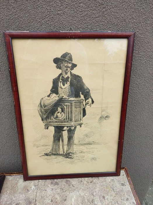 92 Stare obrazki litografie Józef Rapacki kominiarz kataryniarz oprawi