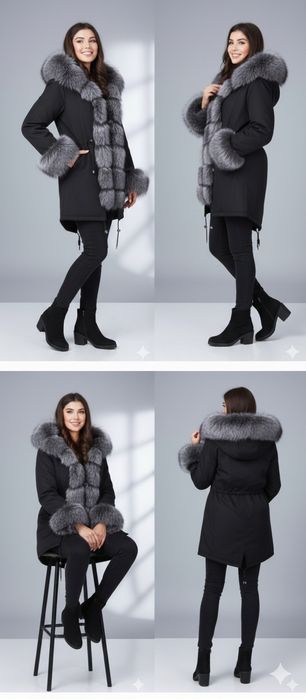Зимняя женская парка с натуральным мехом чернобурки 2 в 1