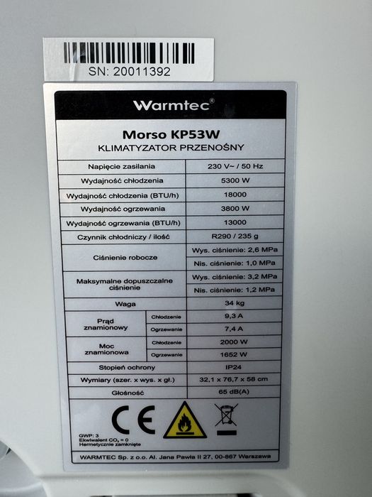 Klimatyzator przenośny Warmtec MORSO KP53W z WiFi