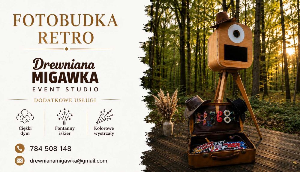 Fotobudka Retro Drewniana Boho | Cieżki dym | Fontanny Iskier | Kolorowe Wystrzały