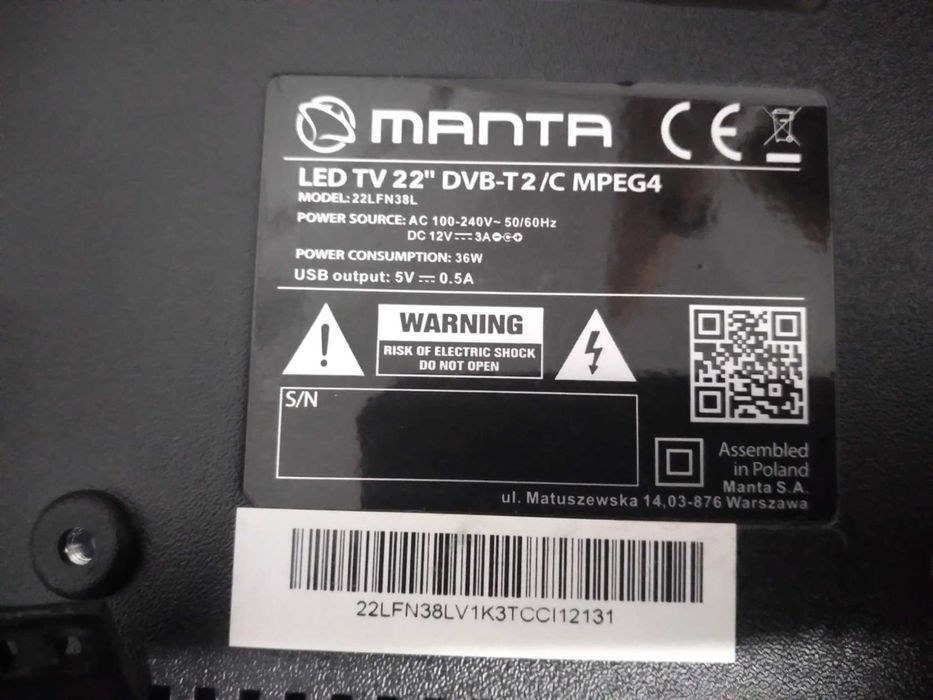 Telewizor Manta 19 cale DVBT2 HEVC bez USB antena ZK AŚ , TIR wysyłka
